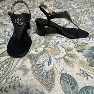 Ralph Lauren Black Leather Sandals with Gold Accent